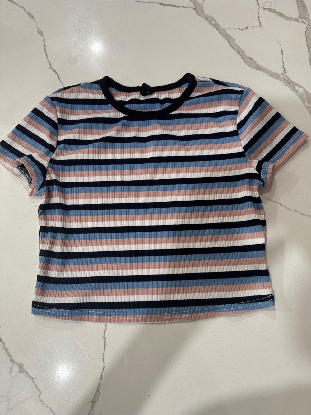 Striped Ribbed Short Sleeve Crop Top - Navy, Light Blue & Pink